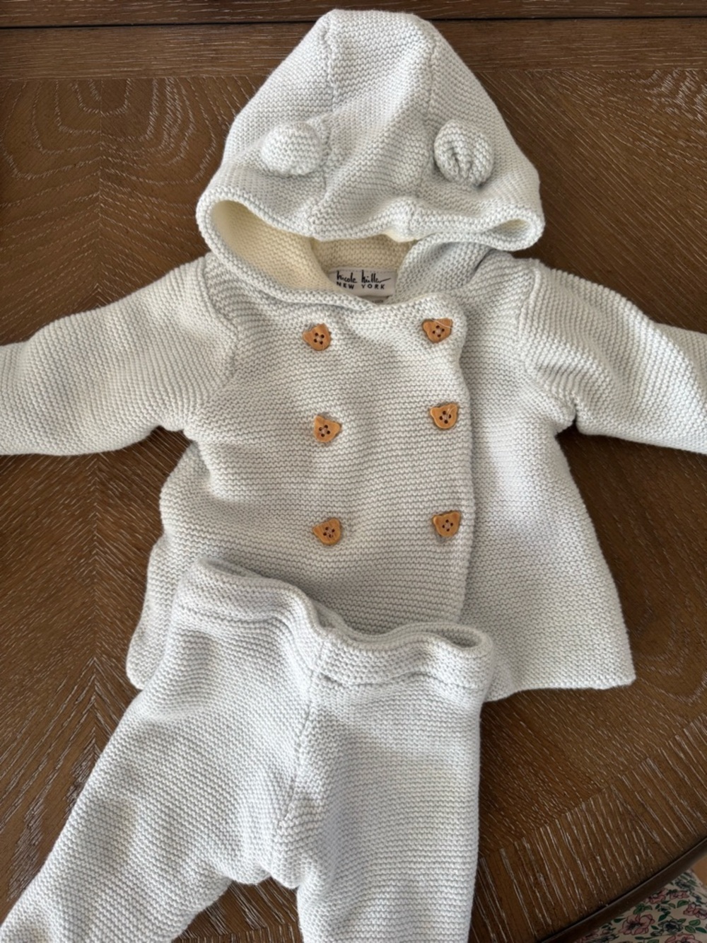 Nicole Miller Knit Baby Hooded Jacket & Pants - Blue with Bear Buttons